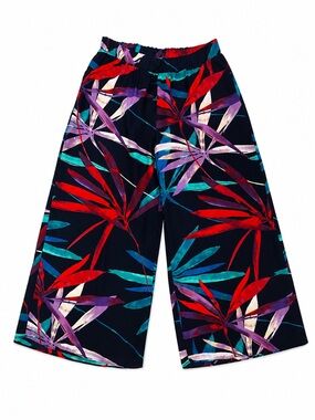 Navy Wide-Leg Floral Print Pants with Red & Teal Leaves
